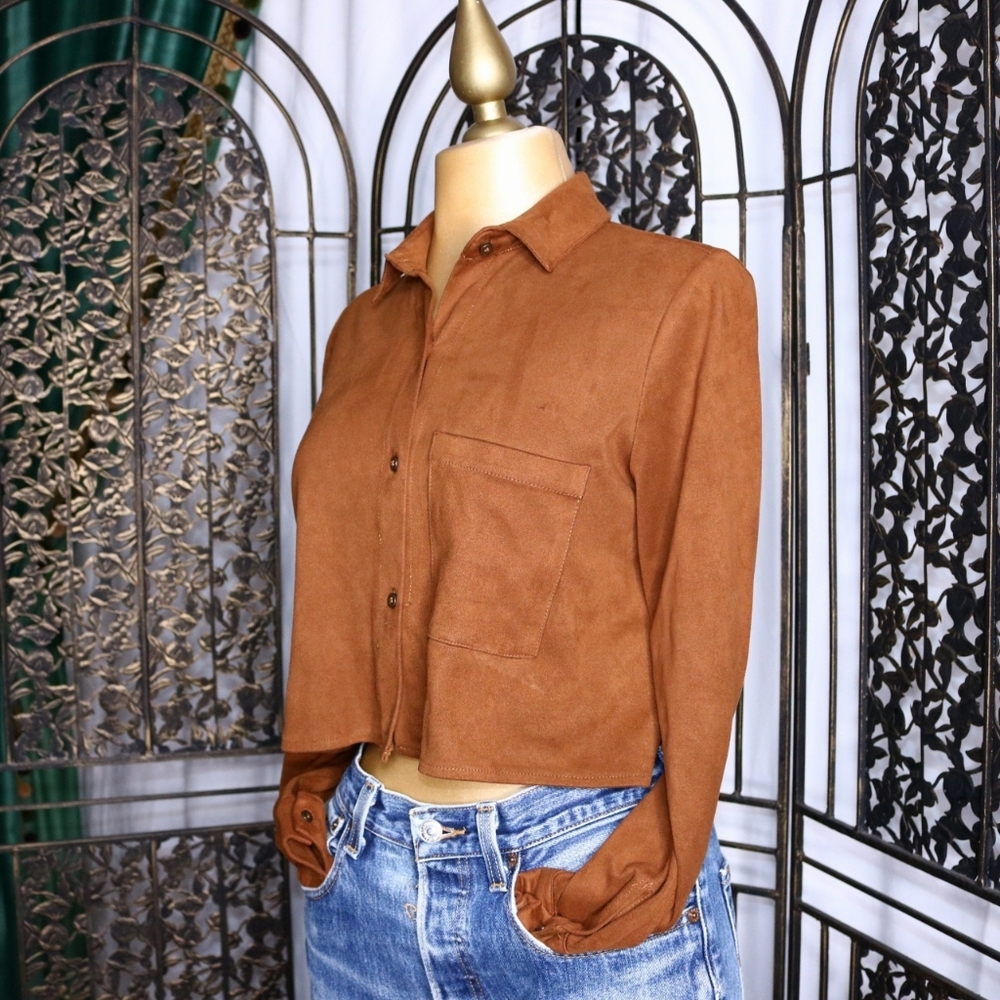 FREE SHIPPING Zara Faux Suede Cropped Button Down Top, Small - Picture 4 of 8